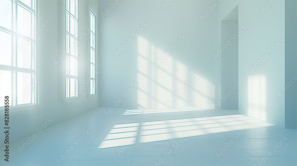 Fototapeta premium A bright white room with dazzling light, copy space, space for text, Generative AI.眩しい光が差している真っ白い部屋、コピースペース,テキスト用スペース,Generative AI。