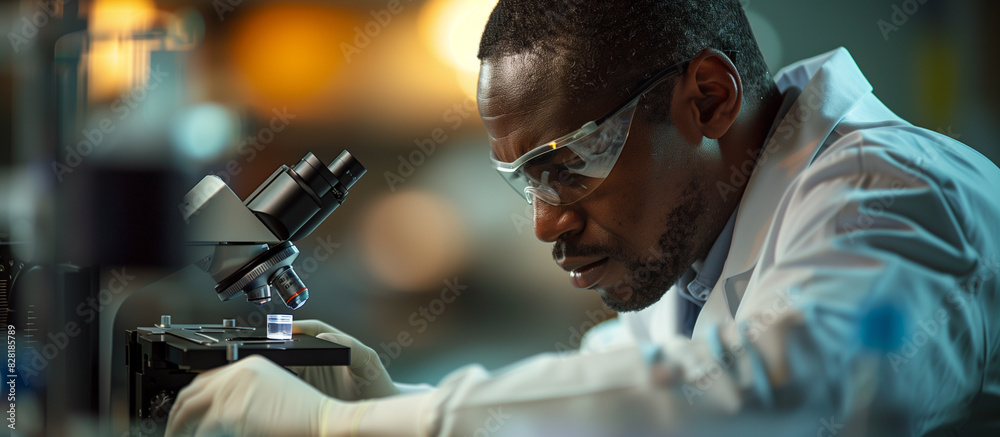 A man in a lab coat is looking through a microscope. He is wearing safety goggles and gloves A man in a lab coat is looking through a microscope. He is wearing safety goggles and gloves
