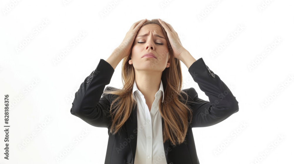 Businesswoman wearing black suit looking depression stressed expression isolated on white background Businesswoman wearing black suit looking depression stressed expression isolated on white background