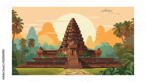 Serene Balinese Temple Silhouette with Idyllic Tropical Vector Background