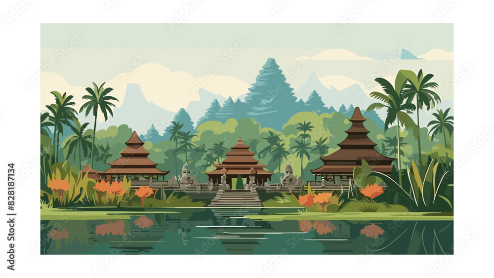 Obraz premium Serene Balinese Temple Silhouette with Idyllic Tropical Vector Background