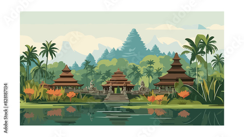 Serene Balinese Temple Silhouette with Idyllic Tropical Vector Background