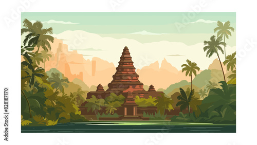 Serene Balinese Temple Silhouette with Idyllic Tropical Vector Background