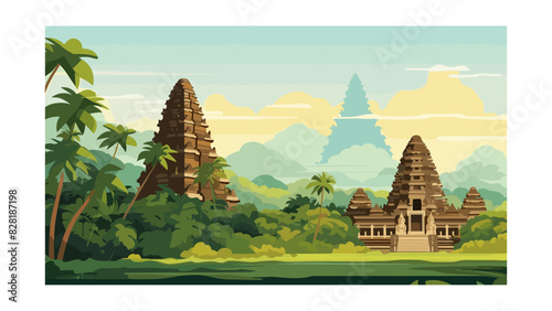 Serene Balinese Temple Silhouette with Idyllic Tropical Vector Background