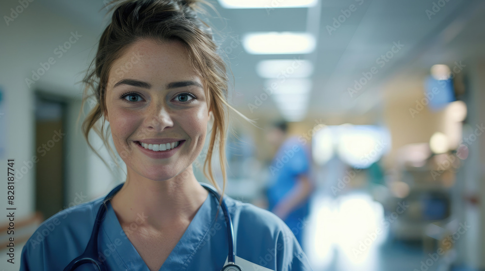 portrait of calm female nurse smiling looking forward wearing hospital uniform staff working against background of busy hospital room background portrait of calm female nurse smiling looking forward wearing hospital uniform staff working against background of busy hospital room background