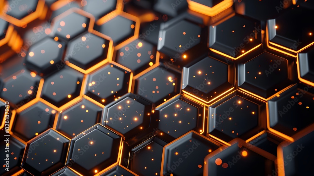 Luxury hexagonal abstract black metal background with golden light lines. Dark 3d geometric texture illustration. Luxury hexagonal abstract black metal background with golden light lines. Dark 3d geometric texture illustration.