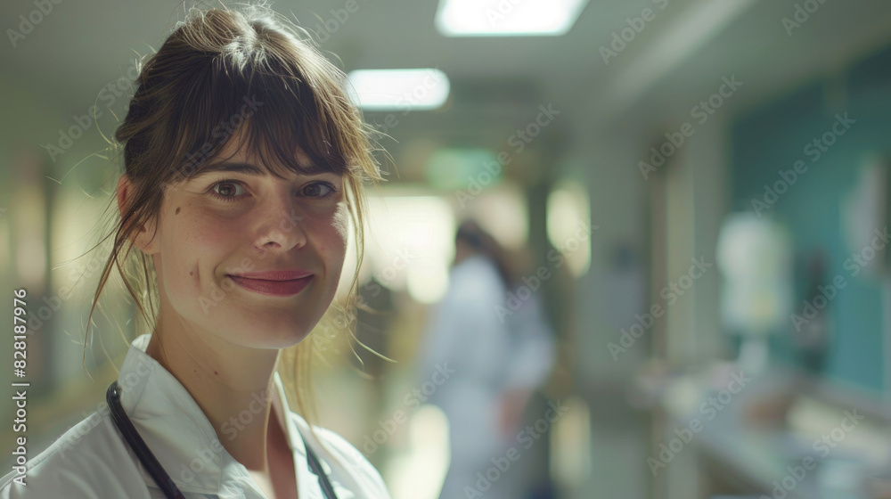 portrait of calm female nurse smiling looking forward wearing hospital uniform staff working against background of busy hospital room background portrait of calm female nurse smiling looking forward wearing hospital uniform staff working against background of busy hospital room background