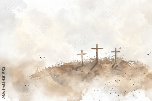 Watercolor illustration of the cross on Calvary's hill