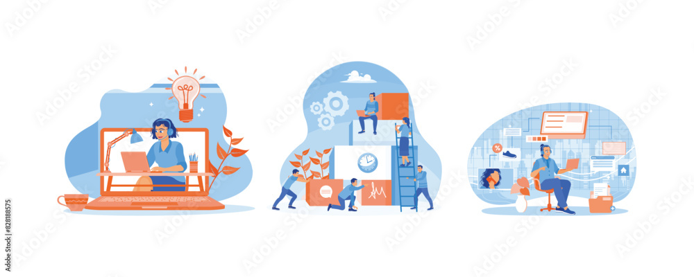 People work in front of computer. Developing business with new ideas. Helping customers in online shopping. Online assistant concept. Set flat vector illustration.
