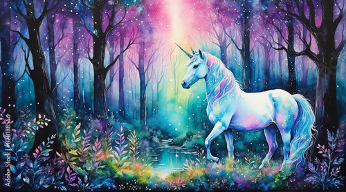 Unicorn horse in the dark forest  iridescent watercolor painting style  generative AI.