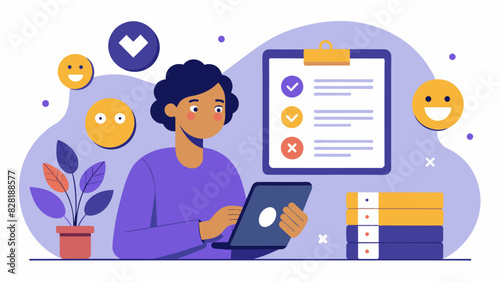 A person writing in a physical mood tracking journal using it in tandem with a digital mood tracking app.. Vector illustration