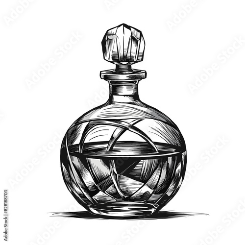 Crystal decanter monochrome ink sketch vector drawing, engraving style illustration