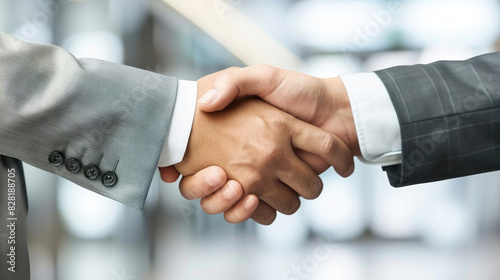 close-up of two businessmen's hands shaking each other's hands to agree to a business agreement seen from the side