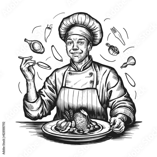 Culinary tour engraved style ink sketch drawing, black and white vector illustration