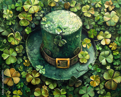 St Patrick Day scene featuring a lush arrangement of clover leaves surrounding a classic green leprechaun hat with a gold buckle