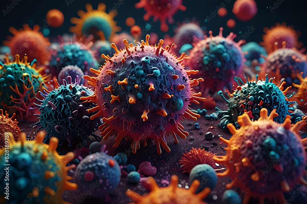 Obraz premium The images show the bright, surreal colors of cancer cells. Feels like you're outside the world. Cancer cells appear in bright, dream-like hues.