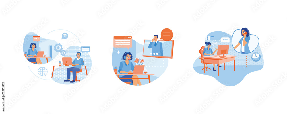 People work in call center. Female hotline operator providing services to clients. Technical support for customers 24-7. Hotline operator concept. Set flat vector illustration. People work in call center. Female hotline operator providing services to clients. Technical support for customers 24-7. Hotline operator concept. Set flat vector illustration.