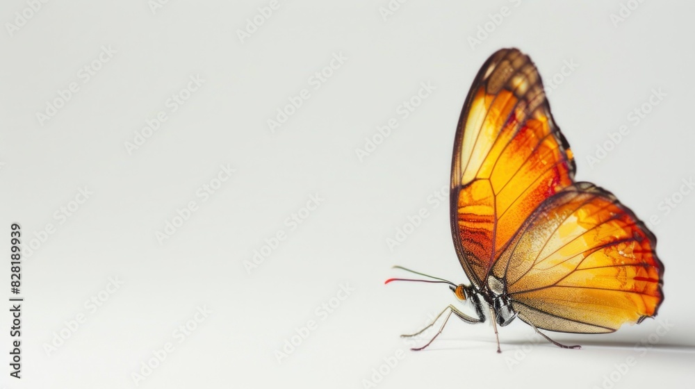 Obraz premium Orange butterfly on white surface with copy space for text in travel and beauty concept
