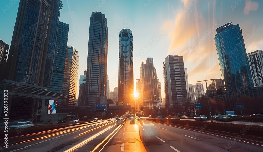 Naklejka premium Modern cityscape with skyscrapers and light trails of cars moving fast on the street at sunset