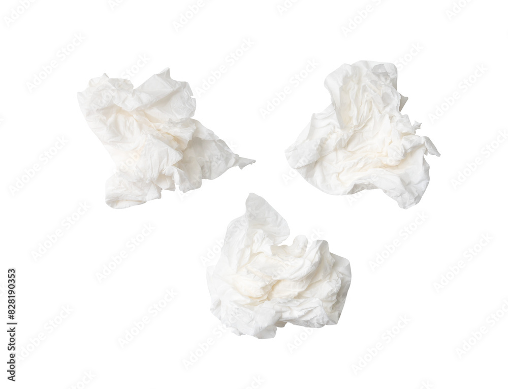 Top view set of screwed or crumpled tissue paper ball after use in toilet or restroom isolated with clipping path in png file format Top view set of screwed or crumpled tissue paper ball after use in toilet or restroom isolated with clipping path in png file format