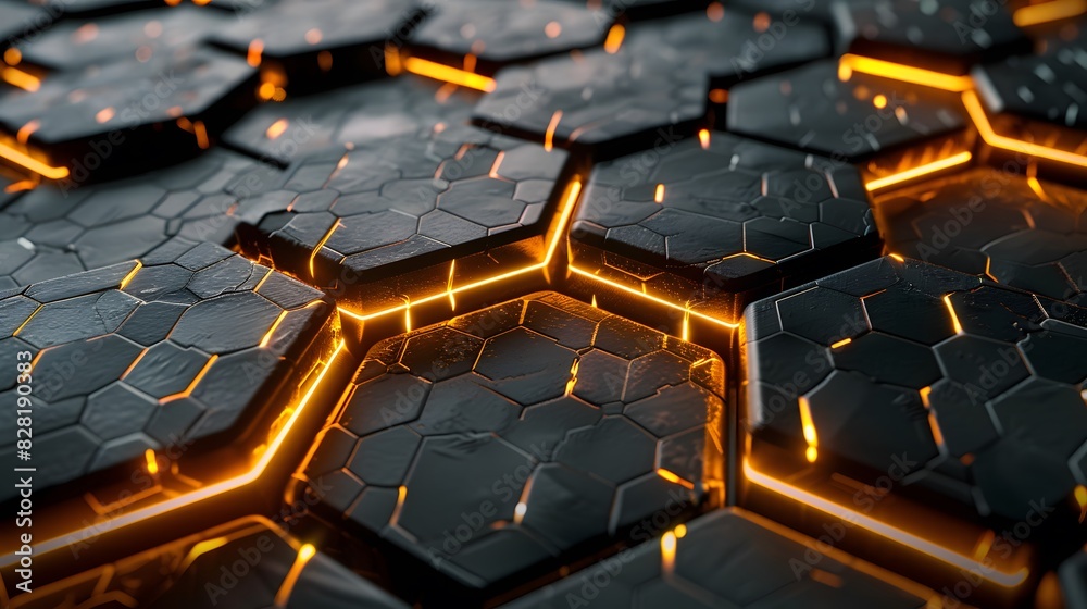 Fototapeta premium Luxury hexagonal abstract black metal background with golden light lines. Dark 3d geometric texture illustration. 