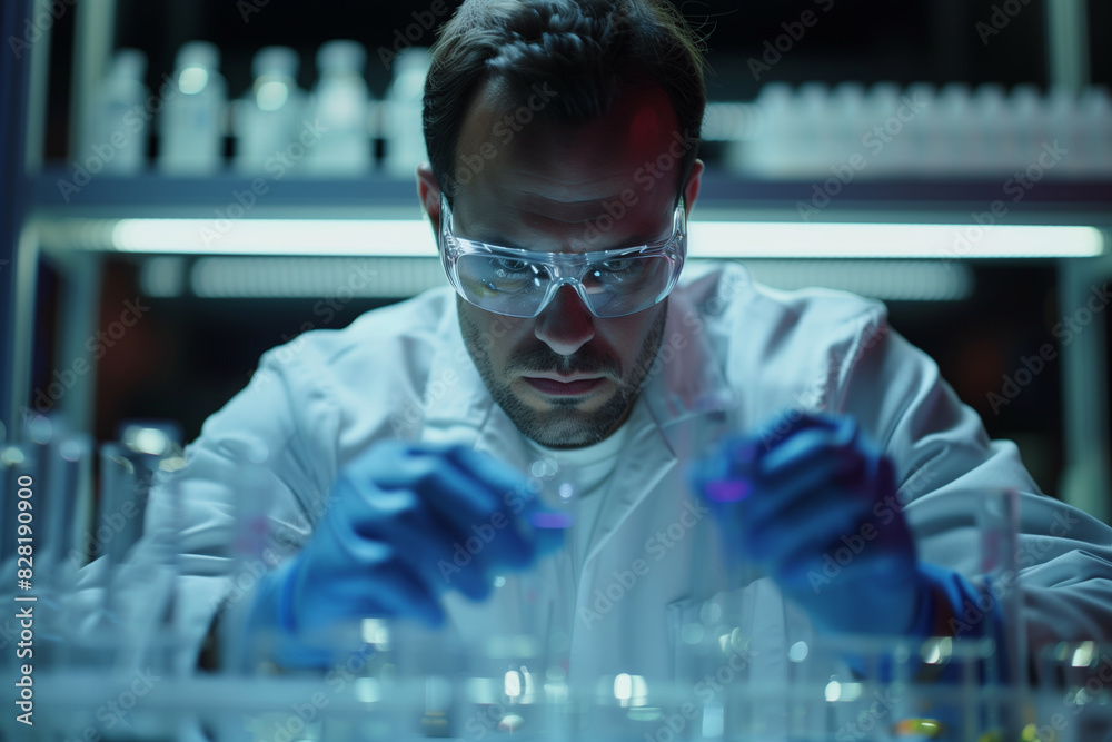 A man in a lab coat is wearing blue gloves and looking at a test tube. Concept of focus and concentration as the man works on his experiment A man in a lab coat is wearing blue gloves and looking at a test tube. Concept of focus and concentration as the man works on his experiment