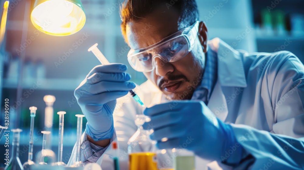 A scientist doctors checks syringe for air bubbles and correct volume A scientist doctors checks syringe for air bubbles and correct volume