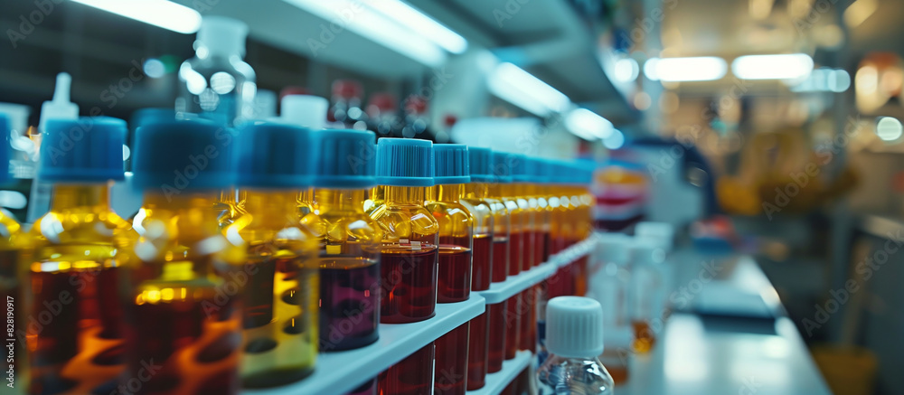 A row of bottles with different colored lids on a table. The bottles are arranged in a neat row, with some bottles being taller than others. The bottles are of different sizes and colors A row of bottles with different colored lids on a table. The bottles are arranged in a neat row, with some bottles being taller than others. The bottles are of different sizes and colors