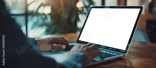 A person is typing on a laptop with a blank screen. The laptop is on a wooden table
