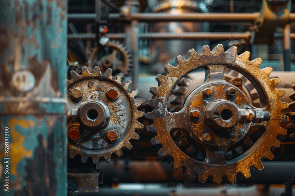 Two old, rusted gears are shown in close up. The gears are dirty and worn, and the image has a vintage, industrial feel Two old, rusted gears are shown in close up. The gears are dirty and worn, and the image has a vintage, industrial feel
