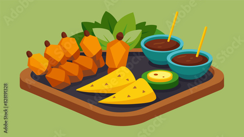 This snack platter is a celebration of street food delicacies including y jerk chicken skewers crispy samosas and sweet plantains.. Vector illustration