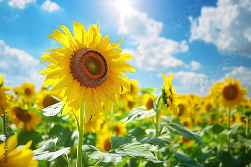 Beautiful sunflower field in full bloom under a clear blue sky  stretching to the horizon