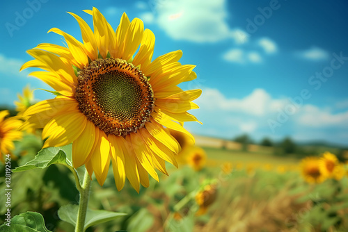 Sunflower field with vibrant yellow flowers under a clear blue sky  symbolizing summer beauty