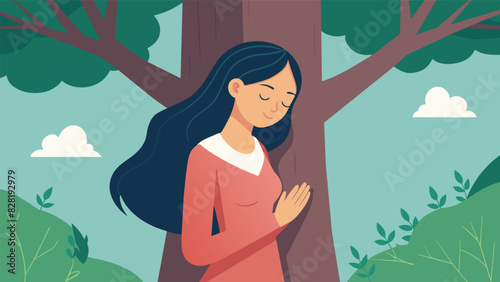 A woman leans against a tree her eyes closed and her hands resting on her stomach as she practices diaphragmatic breathing her worries melting away with each exhale.. Vector illustration