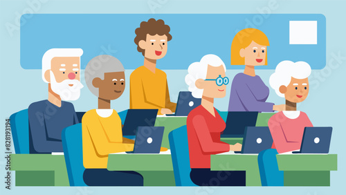 A class of seniors attentively following along as the instructor guides them through the basics of internet browsing.. Vector illustration