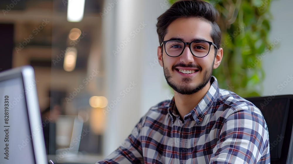 Obraz premium Cheerful young professional working diligently at office desk