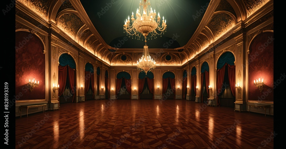 Obraz premium Palace Ballroom Theatre Hall. Abandoned amphitheater auditorium room. Royal dance hall in noble mansion interior.