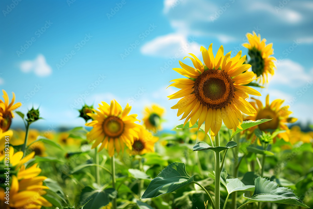 Vibrant sunflower field in full bloom, extending to the horizon under a clear blue sky Vibrant sunflower field in full bloom, extending to the horizon under a clear blue sky