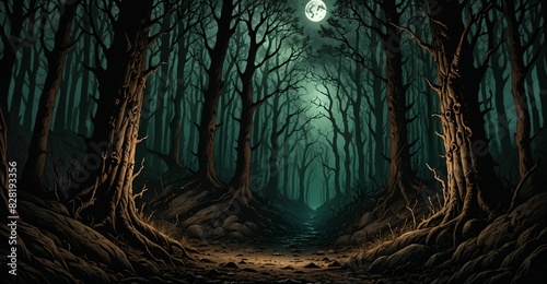 dark forest with dead trees at night under scary sky and moon. horror woods in fog. background wallpaper banner. photo
