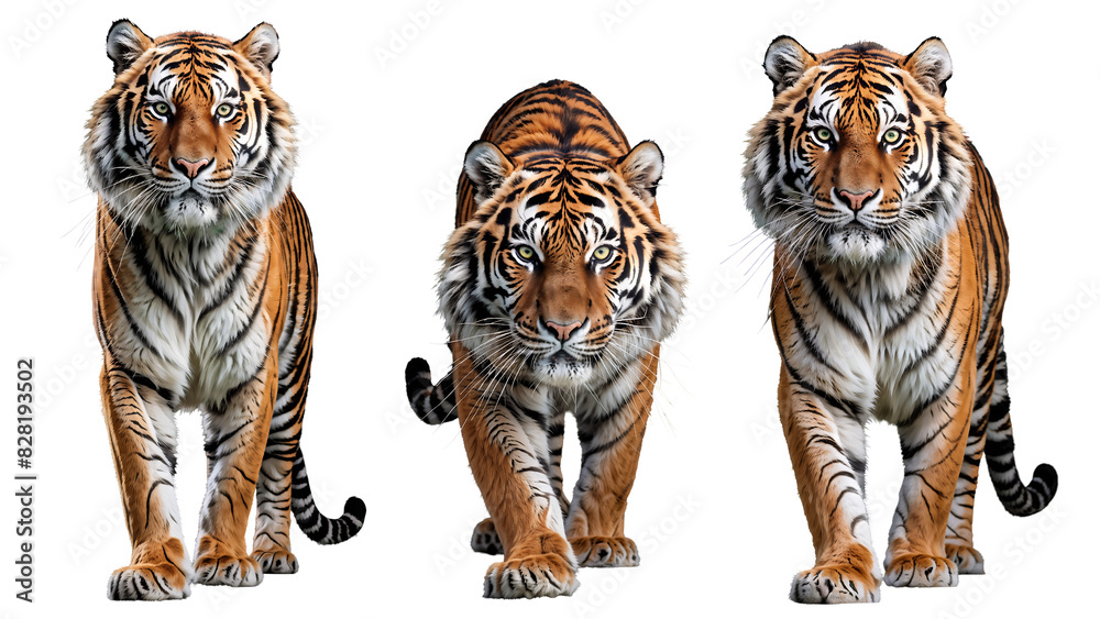 Obraz premium Front View of tiger is walking directly towards the viewer. Isolated on transparent background.