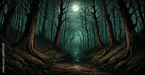 dark forest with dead trees at night under scary sky and moon. horror woods in fog. background wallpaper banner.