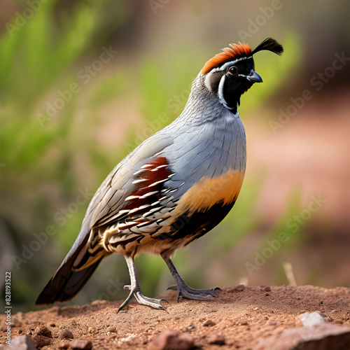 gambels quail Male Gambel's Quail in southern Arizona in spring plants back ground generate ai photo