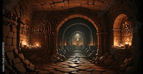 underground catacombs medieval fantasy dark tomb with walkways skulls and torches. horror building interior. lair of the dead and damned.