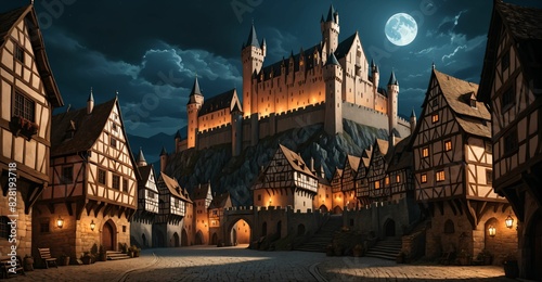 medieval gothic castle palace in city town at night under clouds and moon. fantasy old ancient cityscape. 
