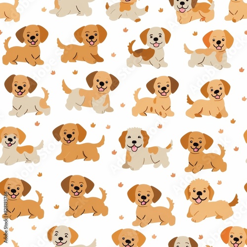 Seamless pattern of Cartoon Golden Retrievers: A Grid of Playful Puppies in Vibrant Colors and Happy Faces © Mickey