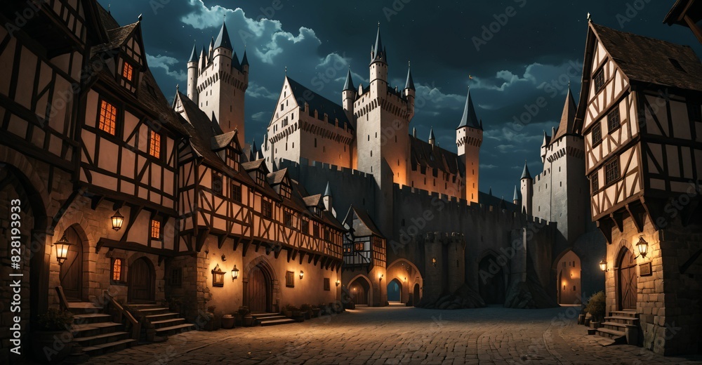 Fototapeta premium medieval gothic castle palace in city town at night under clouds and moon. old ancient cityscape.