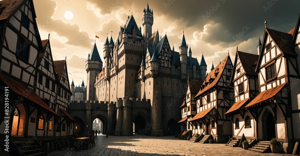 Naklejka premium medieval gothic castle palace in city town under clouds. old ancient cityscape.