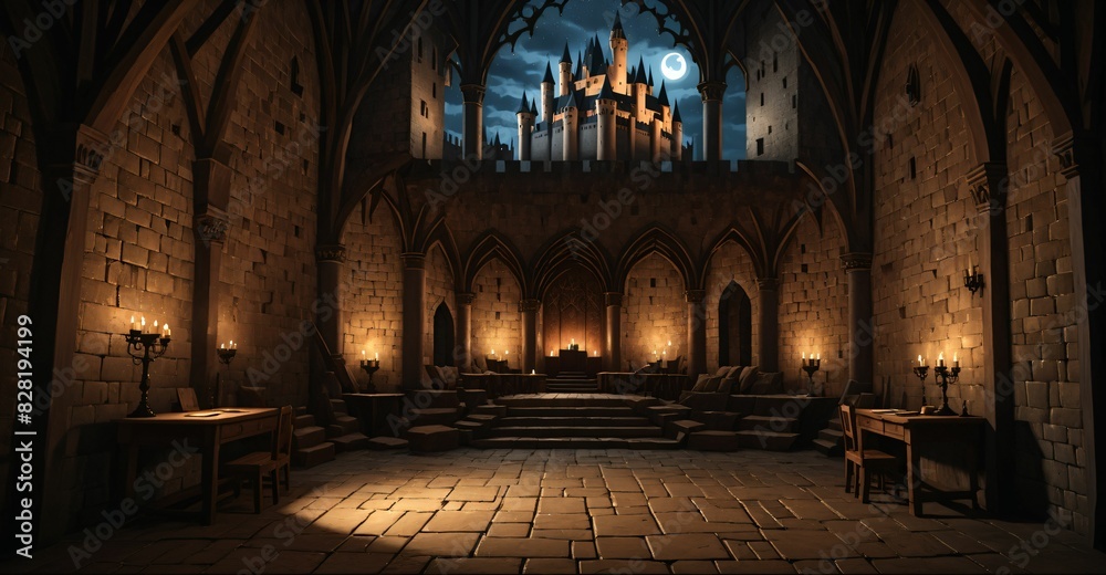 Obraz premium gothic castle palace building interior. goth cathedral rose art Nuevo deco window architecture with arches and torch light.