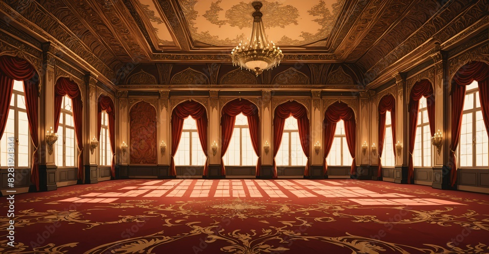 Obraz premium ballroom palace castle room interior. empty with light fixtures with chandelier and reflections in floor.