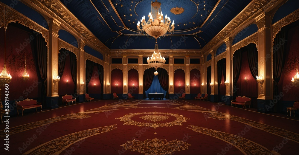Obraz premium ballroom palace castle room interior. empty with light fixtures with chandelier and reflections in floor.